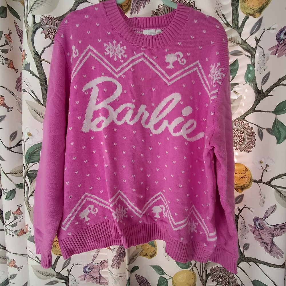 Barbie Pink and White Crew Neck Sweater